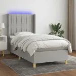 Pat cu arcuri, saltea și LED, gri deschis, 90x200 cm, textil GartenMobel Dekor