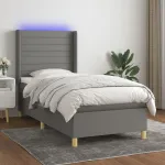 Pat cu arcuri, saltea și LED, gri închis, 100x200 cm, textil GartenMobel Dekor