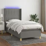 Pat cu arcuri, saltea și LED, gri închis, 100x200 cm, textil GartenMobel Dekor