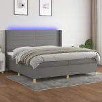 Pat cu arcuri, saltea și LED, gri închis, 200x200 cm, textil GartenMobel Dekor