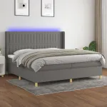 Pat cu arcuri, saltea și LED, gri închis, 200x200 cm, textil GartenMobel Dekor