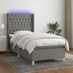 Pat cu arcuri, saltea și LED, gri închis, 90x190 cm, textil GartenMobel Dekor