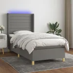 Pat cu arcuri, saltea și LED, gri închis, 90x200 cm, textil GartenMobel Dekor