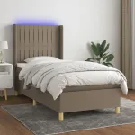 Pat cu arcuri, saltea și LED, gri taupe, 90x190 cm, textil GartenMobel Dekor