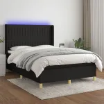 Pat cu arcuri, saltea și LED, negru, 140x200 cm, textil GartenMobel Dekor