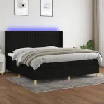Pat cu arcuri, saltea și LED, negru, 200x200 cm, textil GartenMobel Dekor