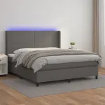 Pat cu arcuri, cu saltea și LED, gri, 180x200 cm, piele eco GartenMobel Dekor