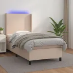 Pat cu arcuri, cu saltea și LED cappuccino 90x190 cm, piele eco GartenMobel Dekor