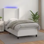 Pat cu arcuri, saltea și LED, alb, 90x190 cm, piele ecologică GartenMobel Dekor