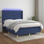 Pat cu arcuri, saltea și LED, albastru, 140x200 cm, textil GartenMobel Dekor