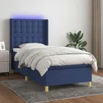 Pat cu arcuri, saltea și LED, albastru, 90x200 cm, textil GartenMobel Dekor