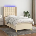 Pat cu arcuri, saltea și LED, crem, 100x200 cm, textil GartenMobel Dekor