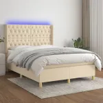 Pat cu arcuri, saltea și LED, crem, 140x200 cm, textil GartenMobel Dekor