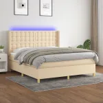 Pat cu arcuri, saltea și LED, crem, 180x200 cm, textil GartenMobel Dekor
