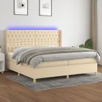 Pat cu arcuri, saltea și LED, crem, 200x200 cm, textil GartenMobel Dekor
