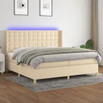 Pat cu arcuri, saltea și LED, crem, 200x200 cm, textil GartenMobel Dekor