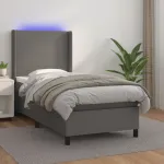 Pat cu arcuri, saltea și LED, gri, 90x190 cm, piele ecologică GartenMobel Dekor