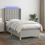 Pat cu arcuri, saltea și LED, gri deschis, 100x200 cm, textil GartenMobel Dekor