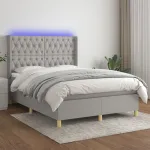 Pat cu arcuri, saltea și LED, gri deschis, 140x200 cm, textil GartenMobel Dekor