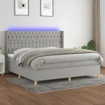 Pat cu arcuri, saltea și LED, gri deschis, 200x200 cm, textil GartenMobel Dekor