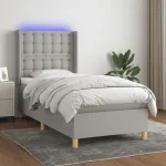 Pat cu arcuri, saltea și LED, gri deschis, 90x200 cm, textil GartenMobel Dekor