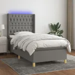 Pat cu arcuri, saltea și LED, gri închis, 100x200 cm, textil GartenMobel Dekor