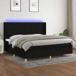 Pat cu arcuri, saltea și LED, negru, 200x200 cm, textil GartenMobel Dekor