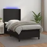 Pat cu arcuri, saltea și LED, negru, 90x190 cm, piele ecologică GartenMobel Dekor
