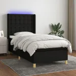 Pat cu arcuri, saltea și LED, negru, 90x190 cm, textil GartenMobel Dekor