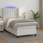 Pat continental cu saltea & LED, alb, 90x200 cm, piele eco GartenMobel Dekor