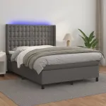 Pat cu arcuri, cu saltea & LED, gri, 140x190 cm, piele eco GartenMobel Dekor