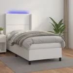 Pat cu arcuri, cu saltea și LED, alb, 100x200 cm, piele eco GartenMobel Dekor