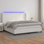 Pat cu arcuri, cu saltea și LED, alb, 200x200 cm, piele eco GartenMobel Dekor