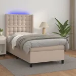 Pat cu arcuri, cu saltea și LED, cappuccino 90x200 cm piele eco GartenMobel Dekor
