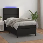 Pat cu arcuri, cu saltea și LED, negru, 90x200 cm, piele eco GartenMobel Dekor