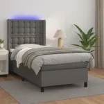 Pat cu arcuri, saltea și LED, gri, 100x200 cm, piele ecologică GartenMobel Dekor
