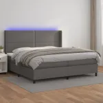 Pat cu arcuri, saltea și LED, gri, 200x200 cm, piele ecologică GartenMobel Dekor