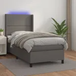 Pat cu arcuri, saltea și LED, gri, 90x190 cm, piele ecologică GartenMobel Dekor