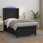 Pat cu arcuri, saltea și LED, negru, 100x200cm, piele ecologică GartenMobel Dekor