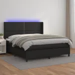 Pat cu arcuri, saltea și LED, negru, 180x200cm, piele ecologică GartenMobel Dekor