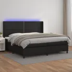 Pat cu arcuri, saltea și LED, negru, 200x200cm, piele ecologică GartenMobel Dekor