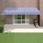 Copertină retractabilă automată, albastru și alb, 5x3 m GartenMobel Dekor
