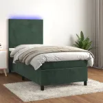 Pat cu arcuri, saltea și LED, verde închis, 100x200 cm, catifea GartenMobel Dekor