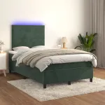Pat cu arcuri, saltea și LED, verde închis, 120x200 cm, catifea GartenMobel Dekor