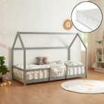 Pat copii Sisimiut HGW90 cu saltea 90 x 200 cm gri/alb [en.casa] HausGarden Leisure
