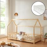 Pat copii Sisimiut NH90 cu saltea 90 x 200 cm culoarea lemnului [en.casa] HausGarden Leisure