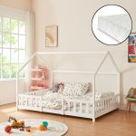 Pat copii Sisimiut W140 cu saltea 140 x 200 cm alb [en.casa] HausGarden Leisure