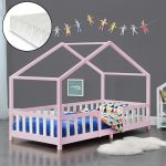 Pat copii design casuta cu saltea si gratar Treviolo 90 x 200 cm roz/alb [en.casa] HausGarden Leisure