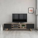 Comoda TV Assens 40 x 160 x 31 cm stejar negru cu 2 usi si 3 rafturi [en.casa] HausGarden Leisure