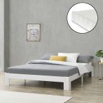 [en.casa]® Pat rama lemn Raisio 120W, 120 x 200 cm, lemn de brad/PAL,150 Kg, alb mat, pentru 2 persoane, cu saltea si gratar pat HausGarden Leisure
